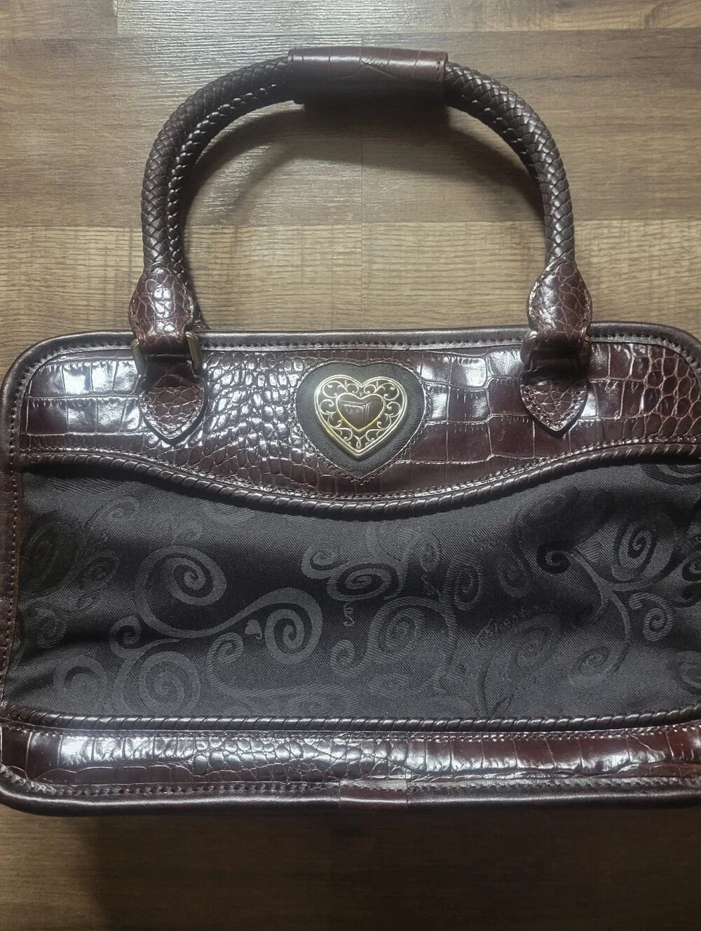 Vintage BRIGHTON Cosmetic Case Brown Leather Black Canvas Floral Interior